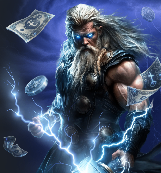 Thor con fulmini blu e il suo martello, illustrazione del marchio